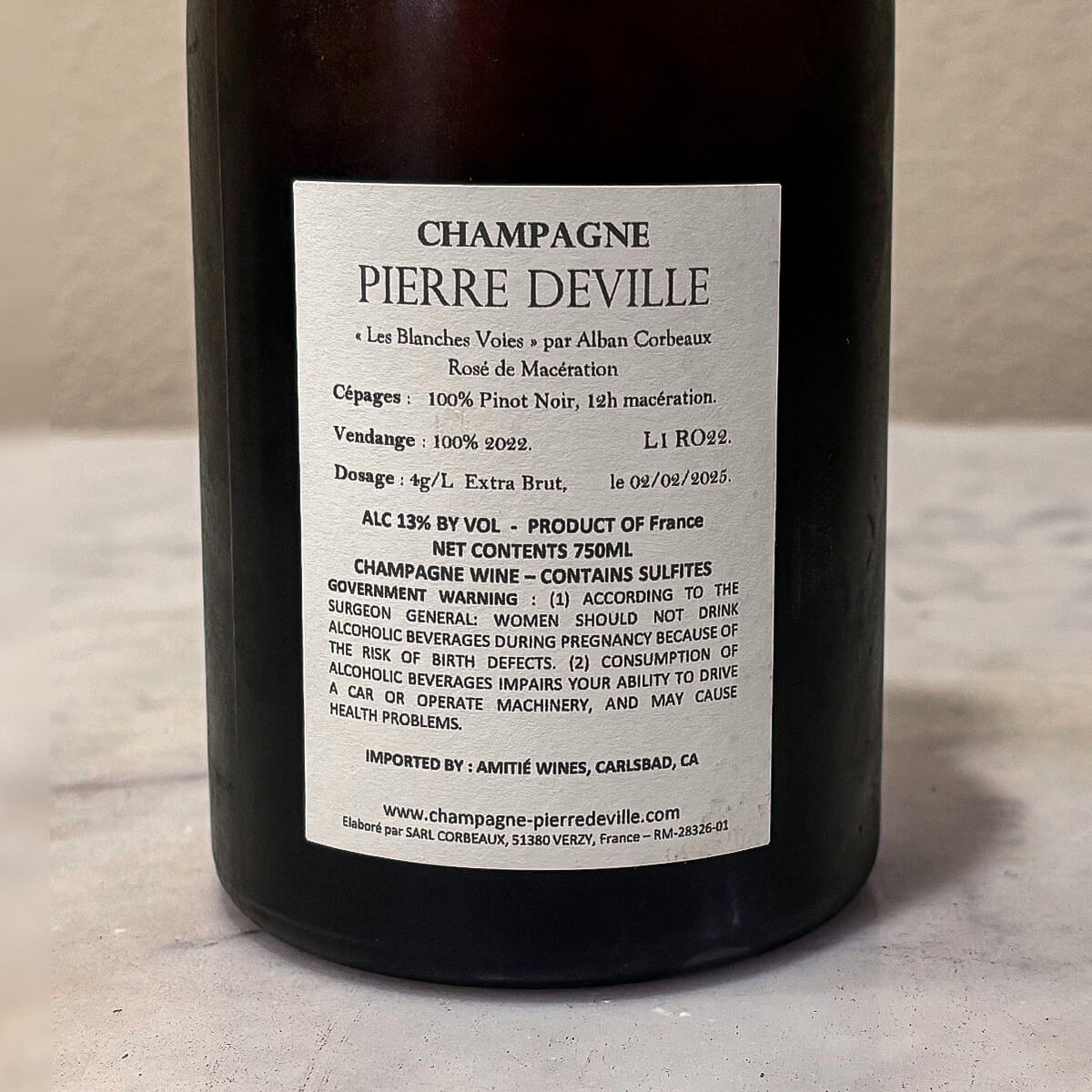 Champagne Pierre Deville Cuvée Rosé de Maceration Back Label
