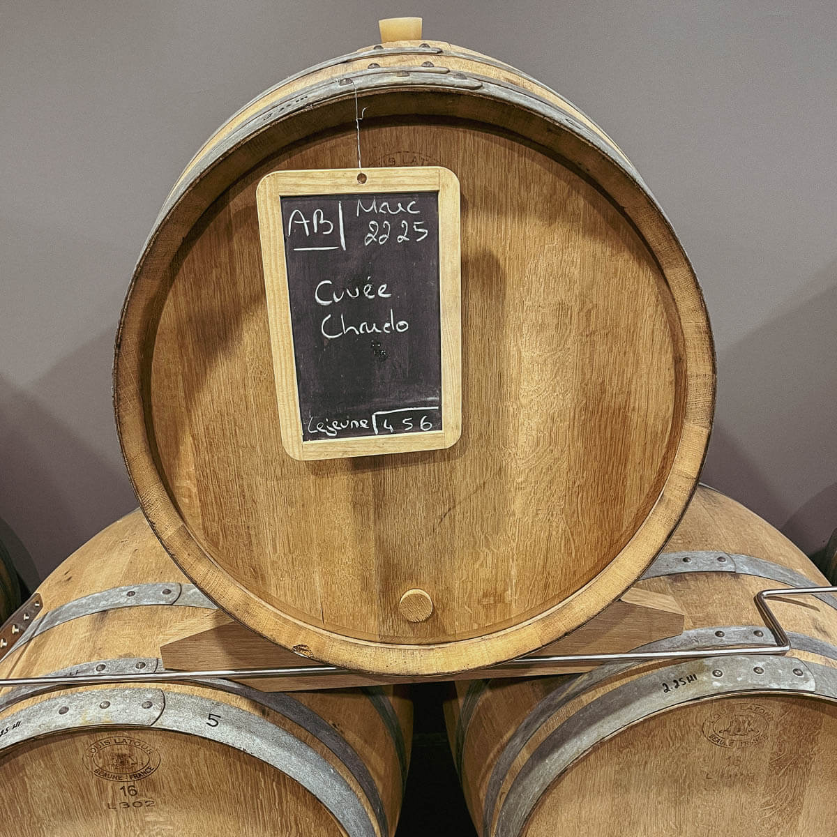 Oak barrel of Cuvée Chaudo reserve wine — Champagne Pascal Lejeune cellar