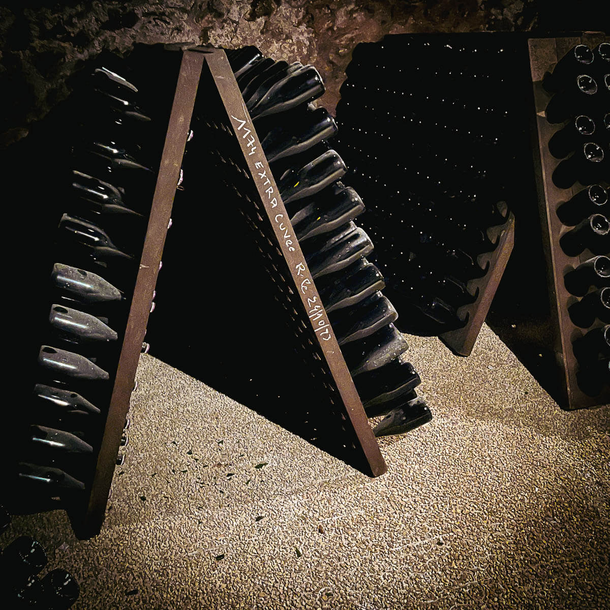 Riddling racks in the Pascal Lejeune cellar — Moussy, Coteaux Sud d'Épernay