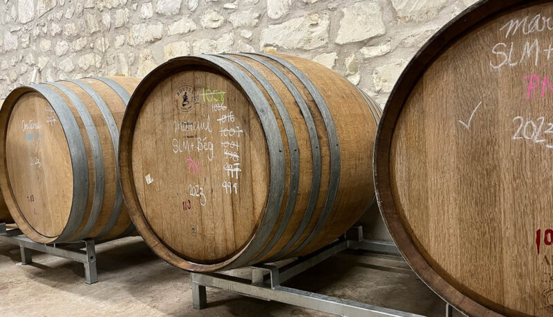 Old oak barrels in the Antoine Bouvet cellar — Mareuil-sur-Aÿ, Champagne
