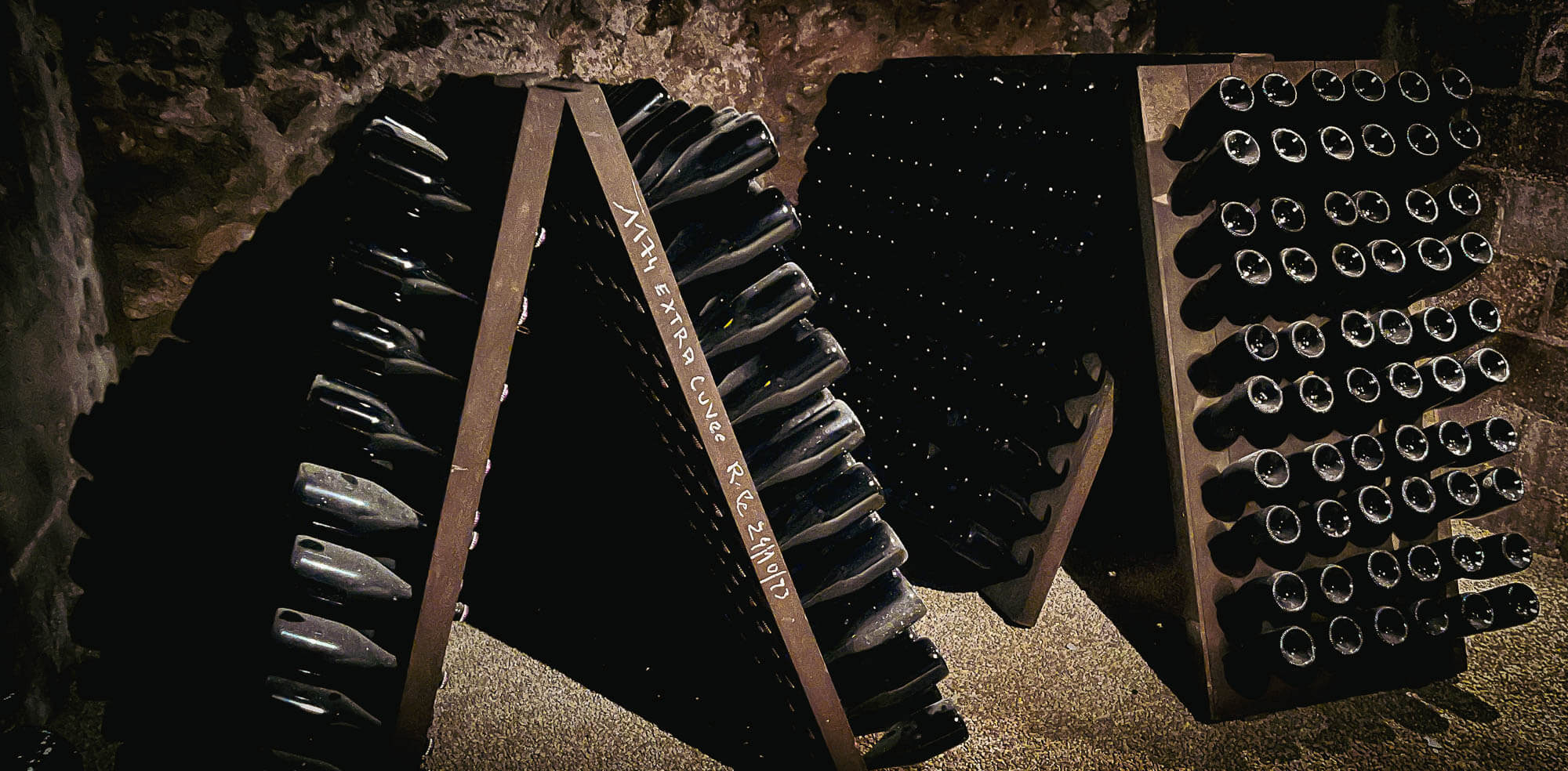 Riddling racks in the Pascal Lejeune cellar — Moussy, Coteaux Sud d'Épernay, Champagne