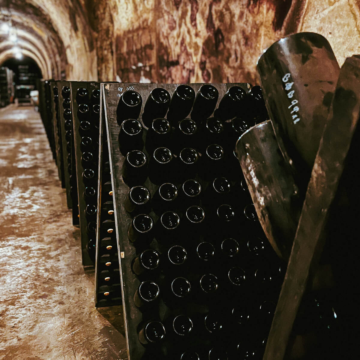Champagne Hélène Charbaut riddling racks in the cellar